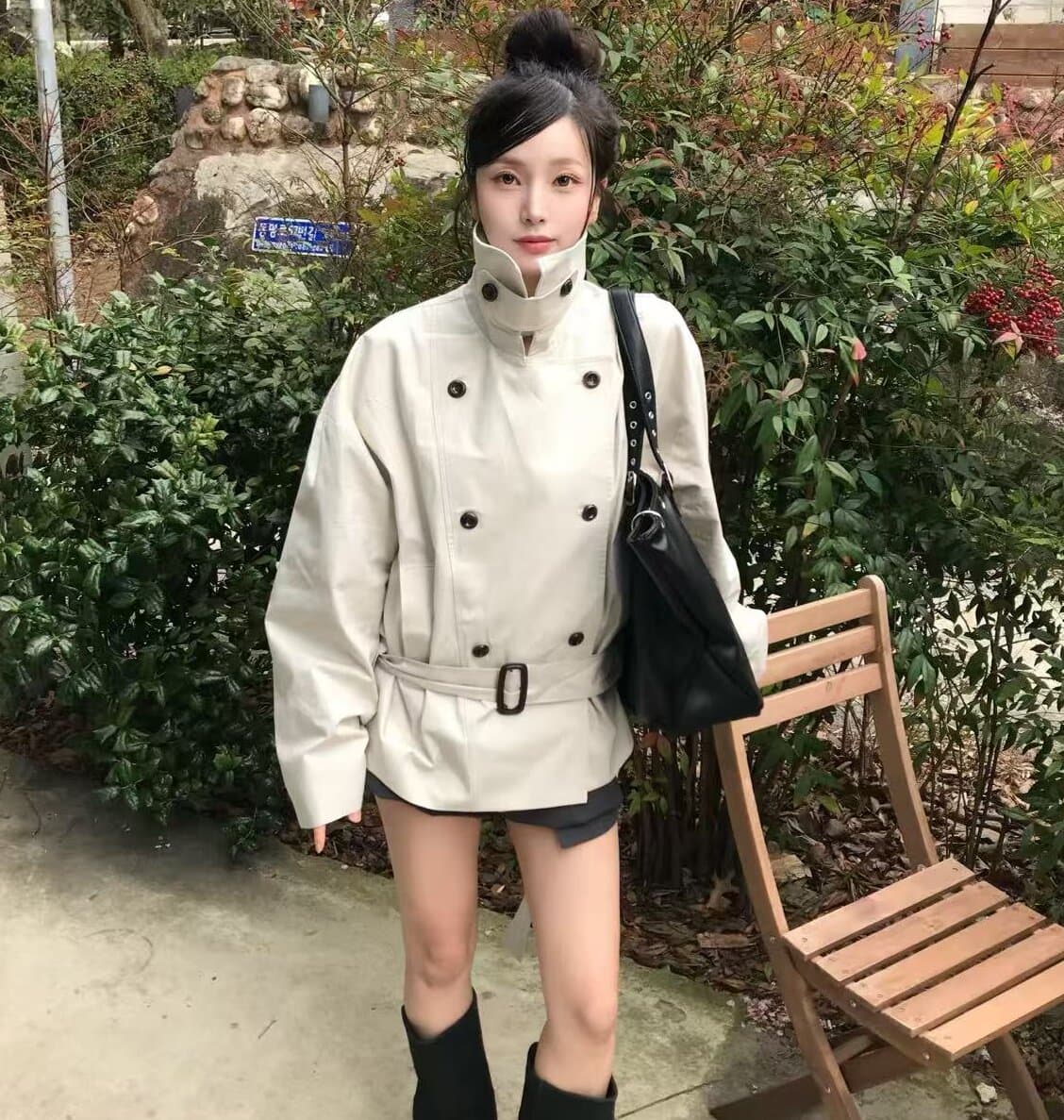 있음 선적 사이즈 업데이트 한국 chic 가을 겨울 새로운 한 부서 품격 벨트 포함 이중 버튼 재킷