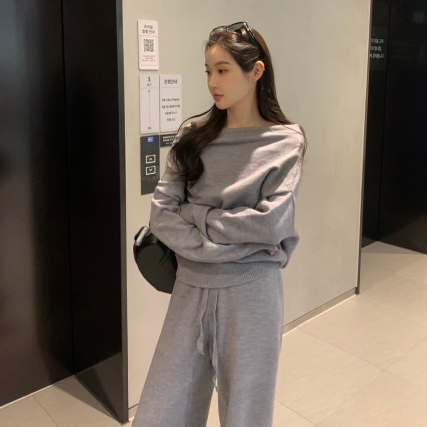 있음 선적 사이즈 업데이트 한국 chic 프랑스식 보트넥 오프숄더 긴팔 스웨터 니트 와이드 레그 팬츠 세트