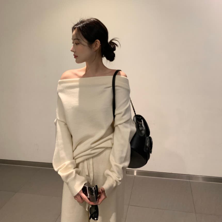 있음 선적 사이즈 업데이트 한국 chic 프랑스식 보트넥 오프숄더 긴팔 스웨터 니트 와이드 레그 팬츠 세트 이미지 4
