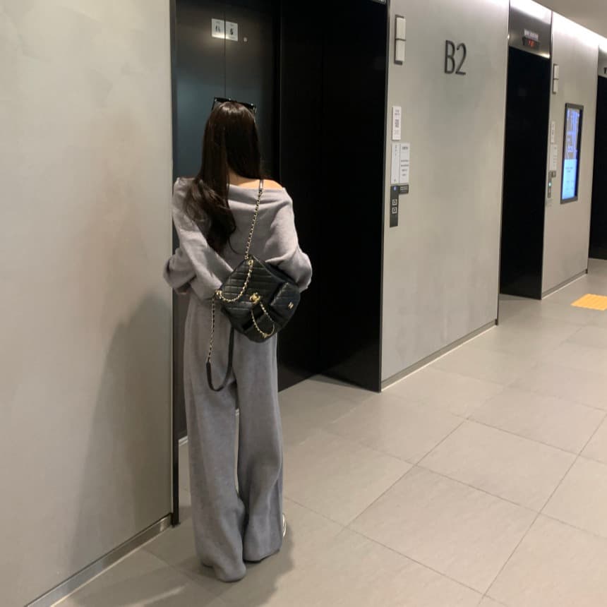 있음 선적 사이즈 업데이트 한국 chic 프랑스식 보트넥 오프숄더 긴팔 스웨터 니트 와이드 레그 팬츠 세트 이미지 5