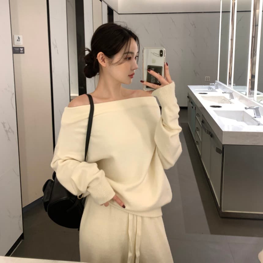 있음 선적 사이즈 업데이트 한국 chic 프랑스식 보트넥 오프숄더 긴팔 스웨터 니트 와이드 레그 팬츠 세트 이미지 2