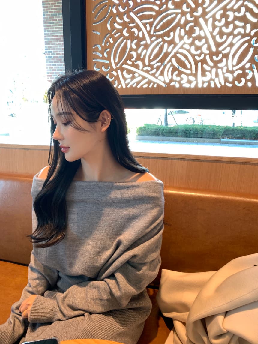 있음 선적 사이즈 업데이트 한국 chic 프랑스식 보트넥 오프숄더 긴팔 스웨터 니트 와이드 레그 팬츠 세트 상세 이미지 1