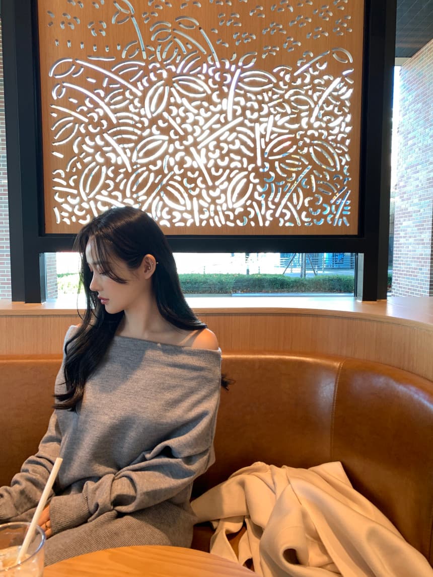 있음 선적 사이즈 업데이트 한국 chic 프랑스식 보트넥 오프숄더 긴팔 스웨터 니트 와이드 레그 팬츠 세트 상세 이미지 2