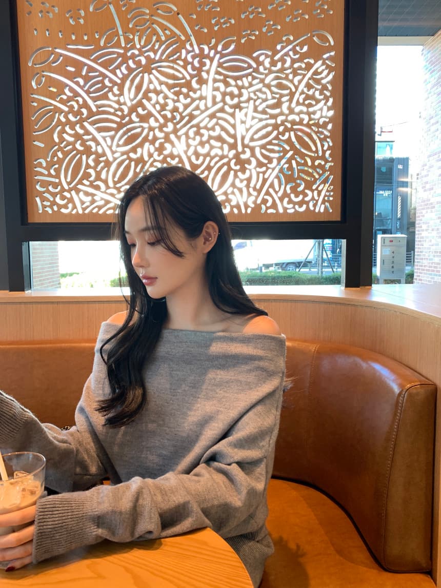있음 선적 사이즈 업데이트 한국 chic 프랑스식 보트넥 오프숄더 긴팔 스웨터 니트 와이드 레그 팬츠 세트 상세 이미지 3
