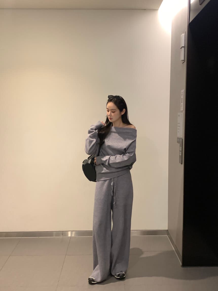 있음 선적 사이즈 업데이트 한국 chic 프랑스식 보트넥 오프숄더 긴팔 스웨터 니트 와이드 레그 팬츠 세트 상세 이미지 7