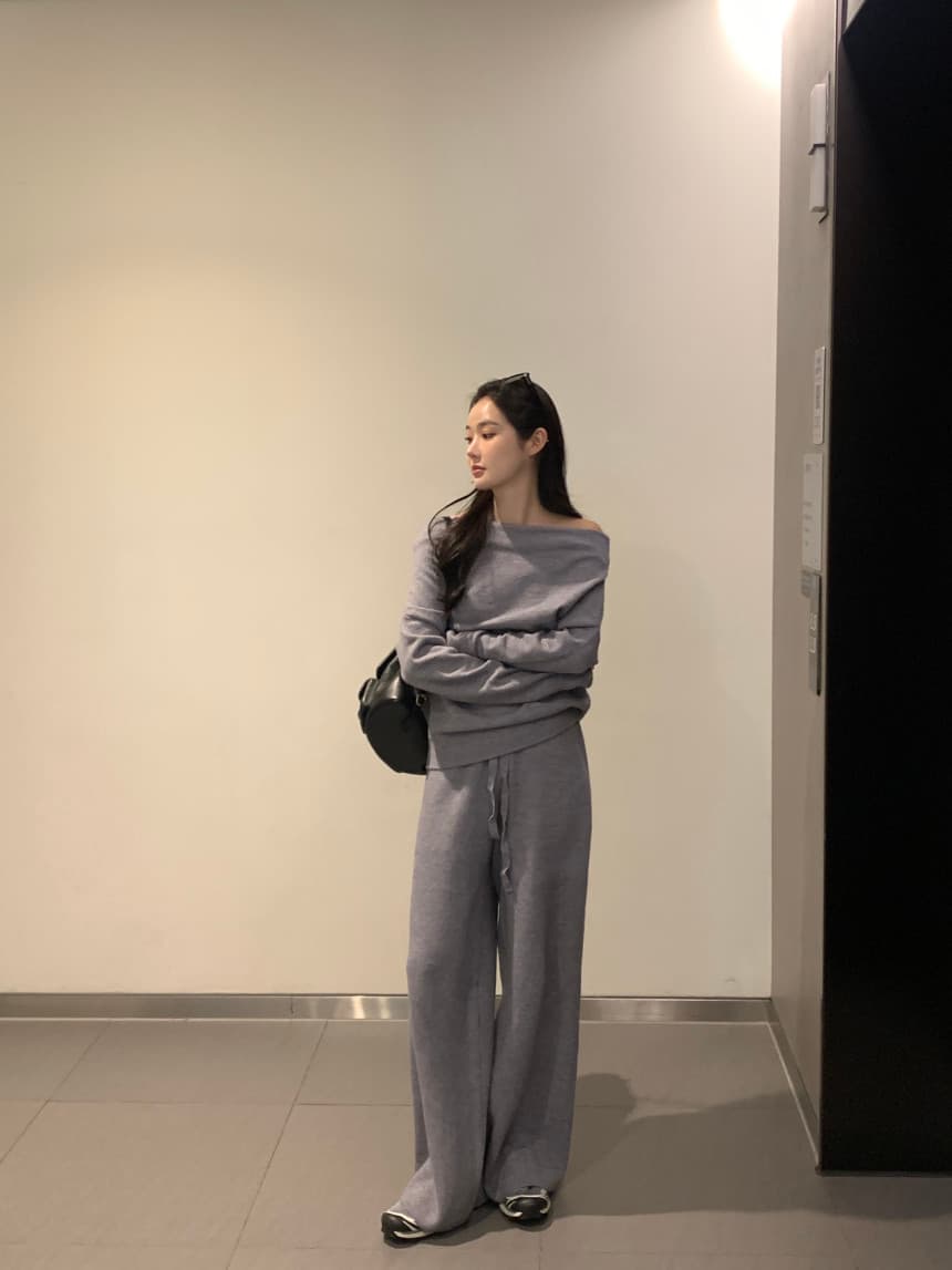 있음 선적 사이즈 업데이트 한국 chic 프랑스식 보트넥 오프숄더 긴팔 스웨터 니트 와이드 레그 팬츠 세트 상세 이미지 8