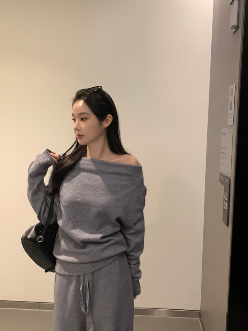 있음 선적 사이즈 업데이트 한국 chic 프랑스식 보트넥 오프숄더 긴팔 스웨터 니트 와이드 레그 팬츠 세트 상세 이미지 9