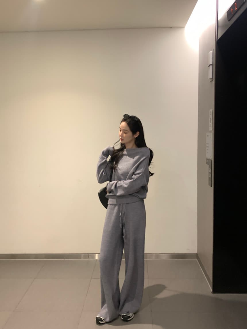 있음 선적 사이즈 업데이트 한국 chic 프랑스식 보트넥 오프숄더 긴팔 스웨터 니트 와이드 레그 팬츠 세트 상세 이미지 10