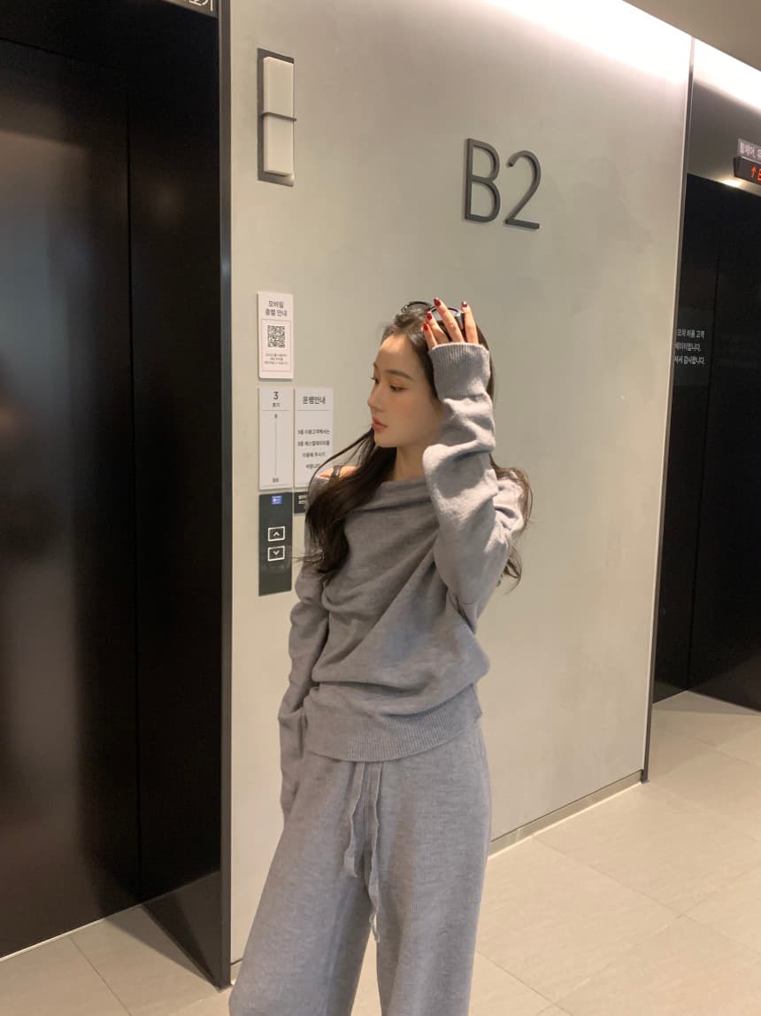 있음 선적 사이즈 업데이트 한국 chic 프랑스식 보트넥 오프숄더 긴팔 스웨터 니트 와이드 레그 팬츠 세트 상세 이미지 11