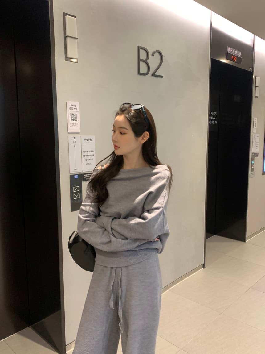 있음 선적 사이즈 업데이트 한국 chic 프랑스식 보트넥 오프숄더 긴팔 스웨터 니트 와이드 레그 팬츠 세트 상세 이미지 14