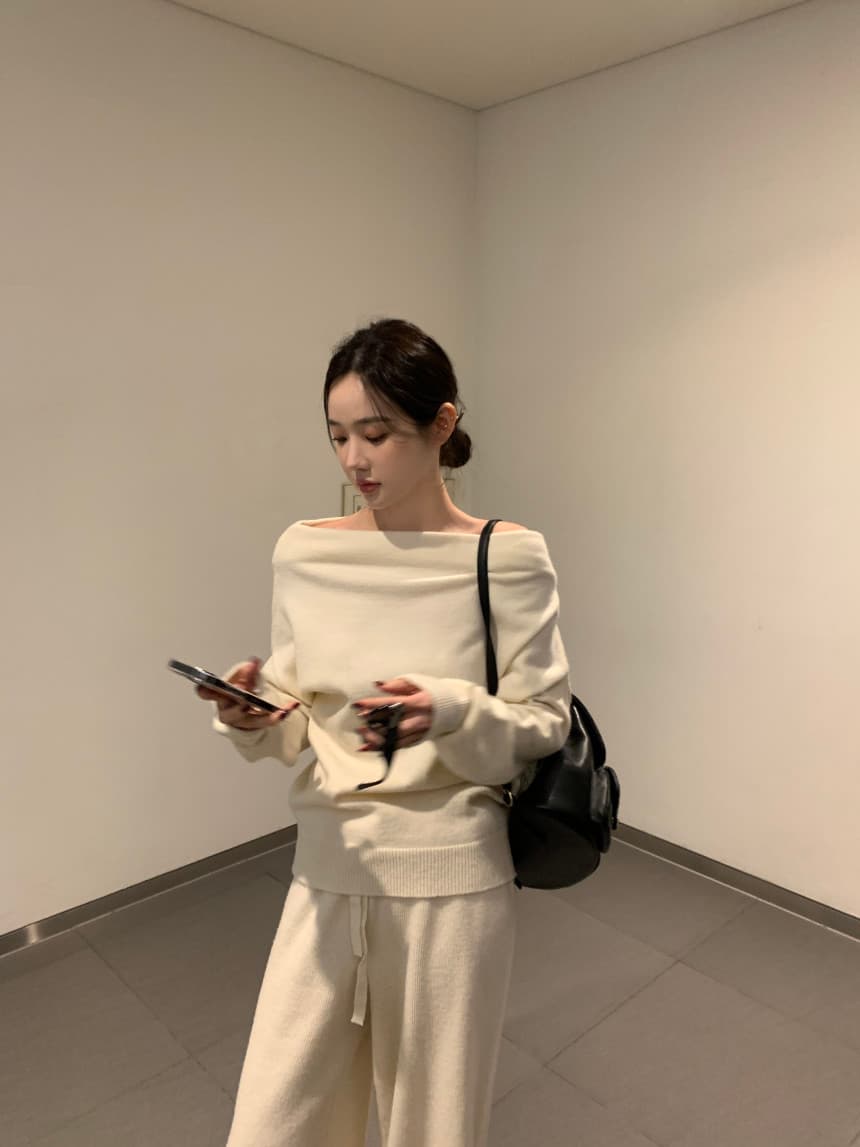 있음 선적 사이즈 업데이트 한국 chic 프랑스식 보트넥 오프숄더 긴팔 스웨터 니트 와이드 레그 팬츠 세트 상세 이미지 16