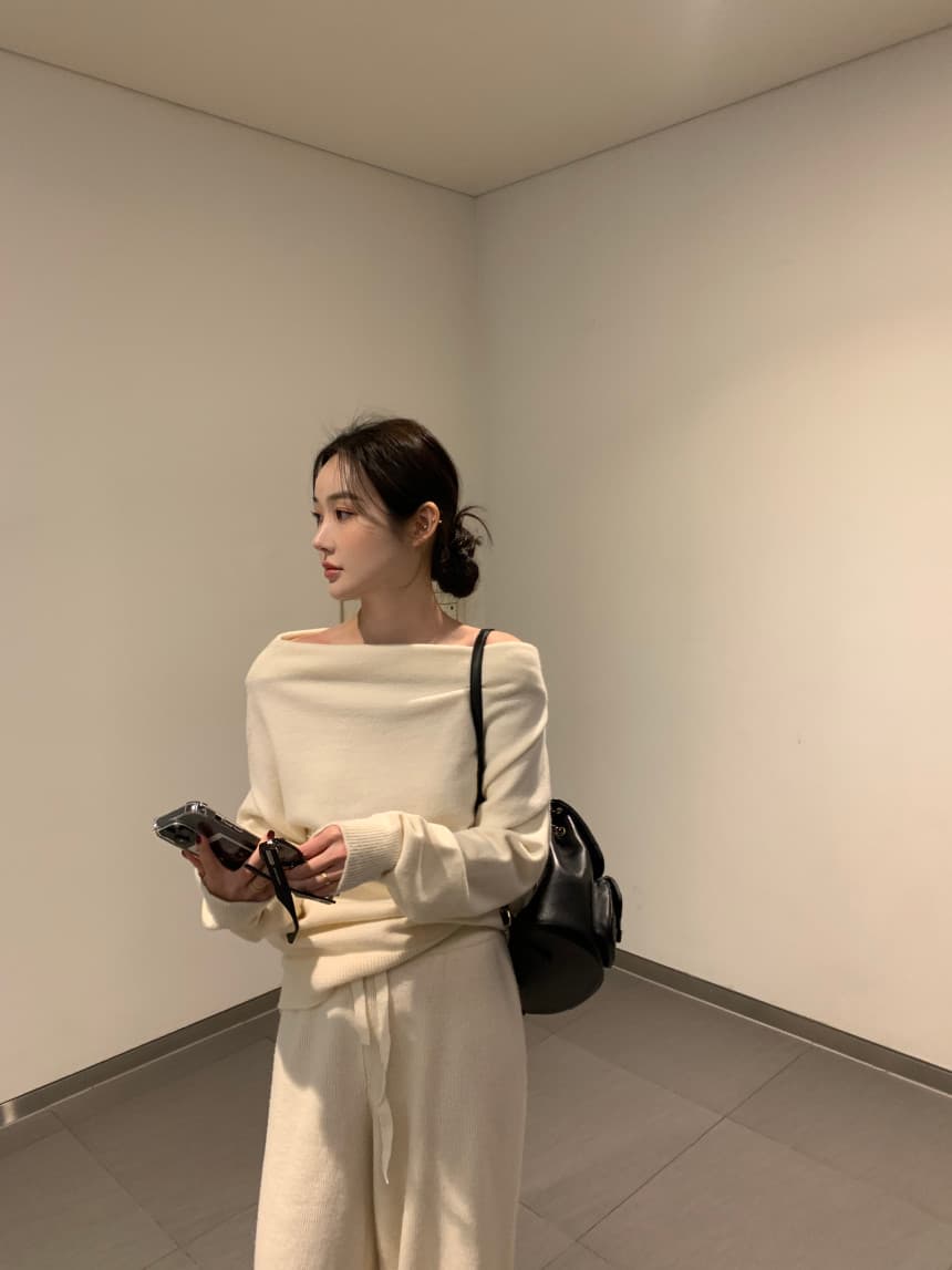 있음 선적 사이즈 업데이트 한국 chic 프랑스식 보트넥 오프숄더 긴팔 스웨터 니트 와이드 레그 팬츠 세트 상세 이미지 17