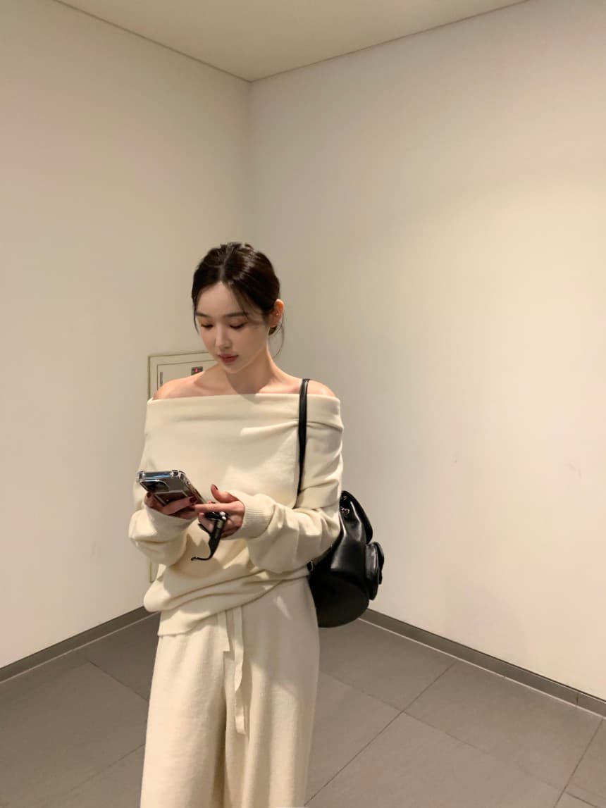 있음 선적 사이즈 업데이트 한국 chic 프랑스식 보트넥 오프숄더 긴팔 스웨터 니트 와이드 레그 팬츠 세트 상세 이미지 18