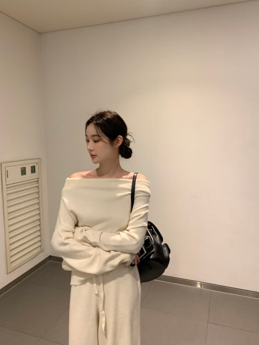 있음 선적 사이즈 업데이트 한국 chic 프랑스식 보트넥 오프숄더 긴팔 스웨터 니트 와이드 레그 팬츠 세트 상세 이미지 19