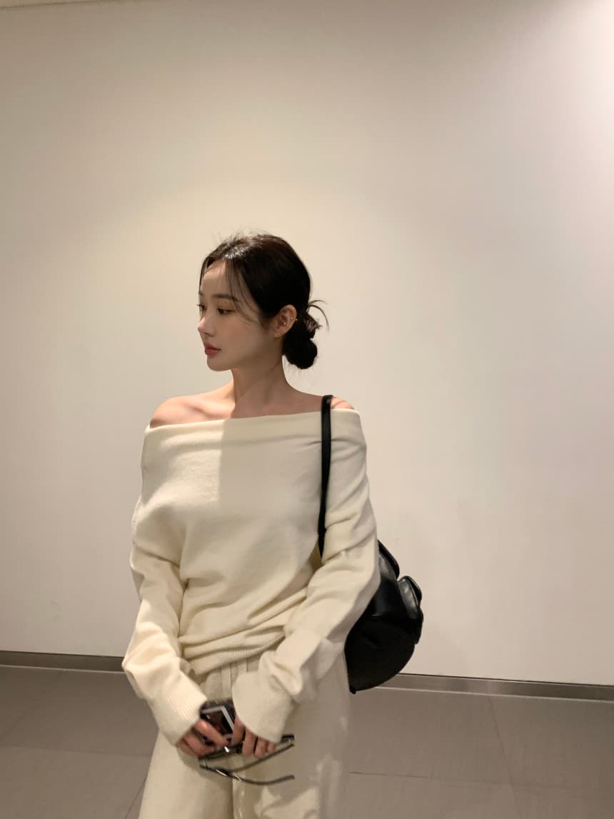 있음 선적 사이즈 업데이트 한국 chic 프랑스식 보트넥 오프숄더 긴팔 스웨터 니트 와이드 레그 팬츠 세트 상세 이미지 20