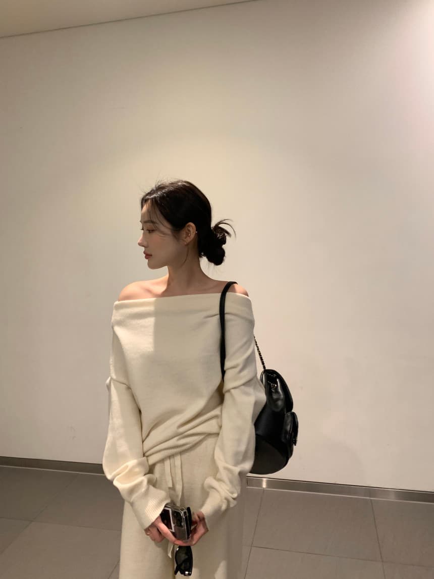 있음 선적 사이즈 업데이트 한국 chic 프랑스식 보트넥 오프숄더 긴팔 스웨터 니트 와이드 레그 팬츠 세트 상세 이미지 21