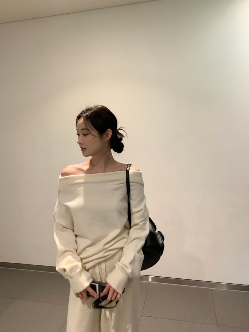 있음 선적 사이즈 업데이트 한국 chic 프랑스식 보트넥 오프숄더 긴팔 스웨터 니트 와이드 레그 팬츠 세트 상세 이미지 22