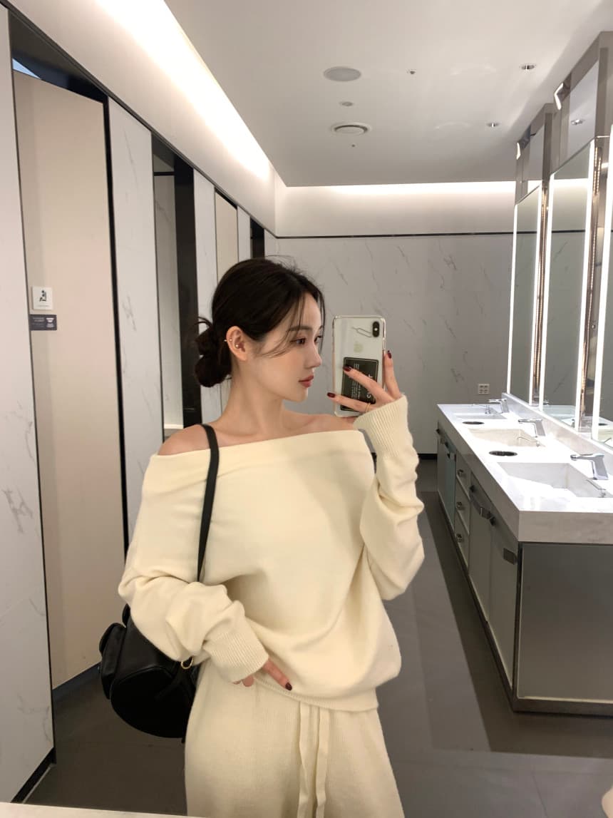 있음 선적 사이즈 업데이트 한국 chic 프랑스식 보트넥 오프숄더 긴팔 스웨터 니트 와이드 레그 팬츠 세트 상세 이미지 26