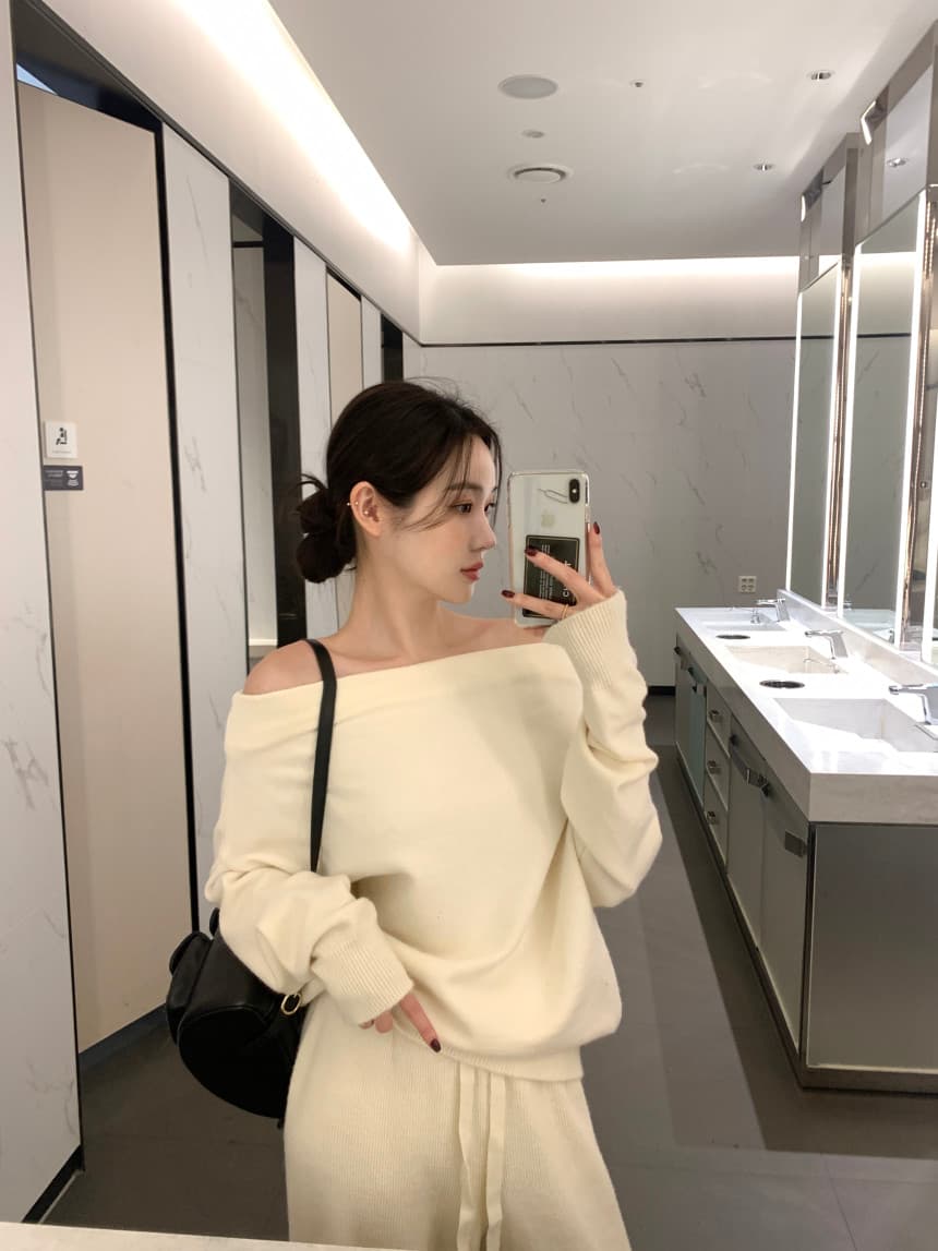 있음 선적 사이즈 업데이트 한국 chic 프랑스식 보트넥 오프숄더 긴팔 스웨터 니트 와이드 레그 팬츠 세트 상세 이미지 27