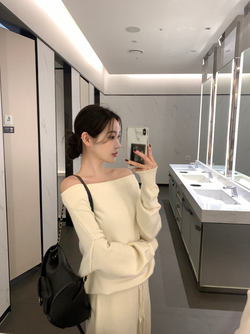 있음 선적 사이즈 업데이트 한국 chic 프랑스식 보트넥 오프숄더 긴팔 스웨터 니트 와이드 레그 팬츠 세트 상세 이미지 28