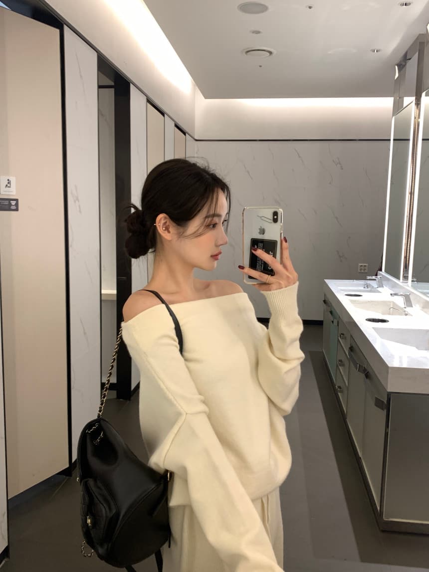 있음 선적 사이즈 업데이트 한국 chic 프랑스식 보트넥 오프숄더 긴팔 스웨터 니트 와이드 레그 팬츠 세트 상세 이미지 32