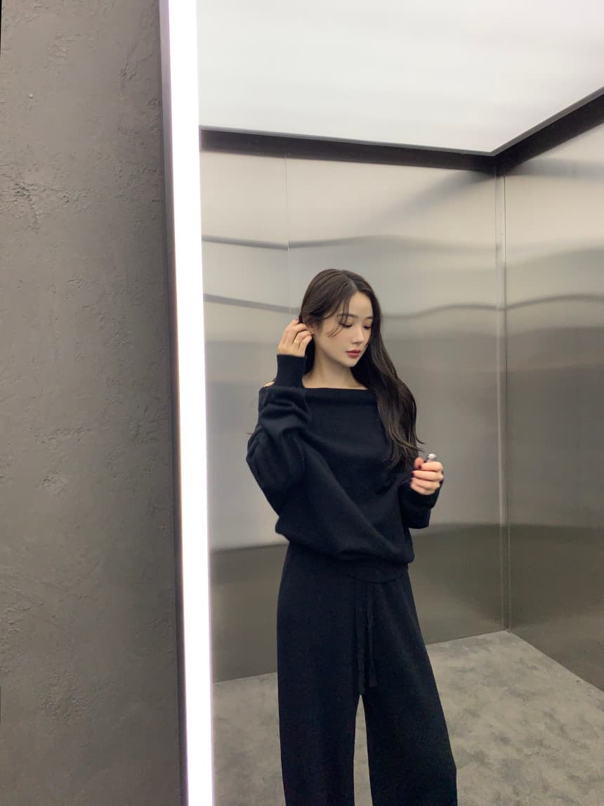 있음 선적 사이즈 업데이트 한국 chic 프랑스식 보트넥 오프숄더 긴팔 스웨터 니트 와이드 레그 팬츠 세트 상세 이미지 42
