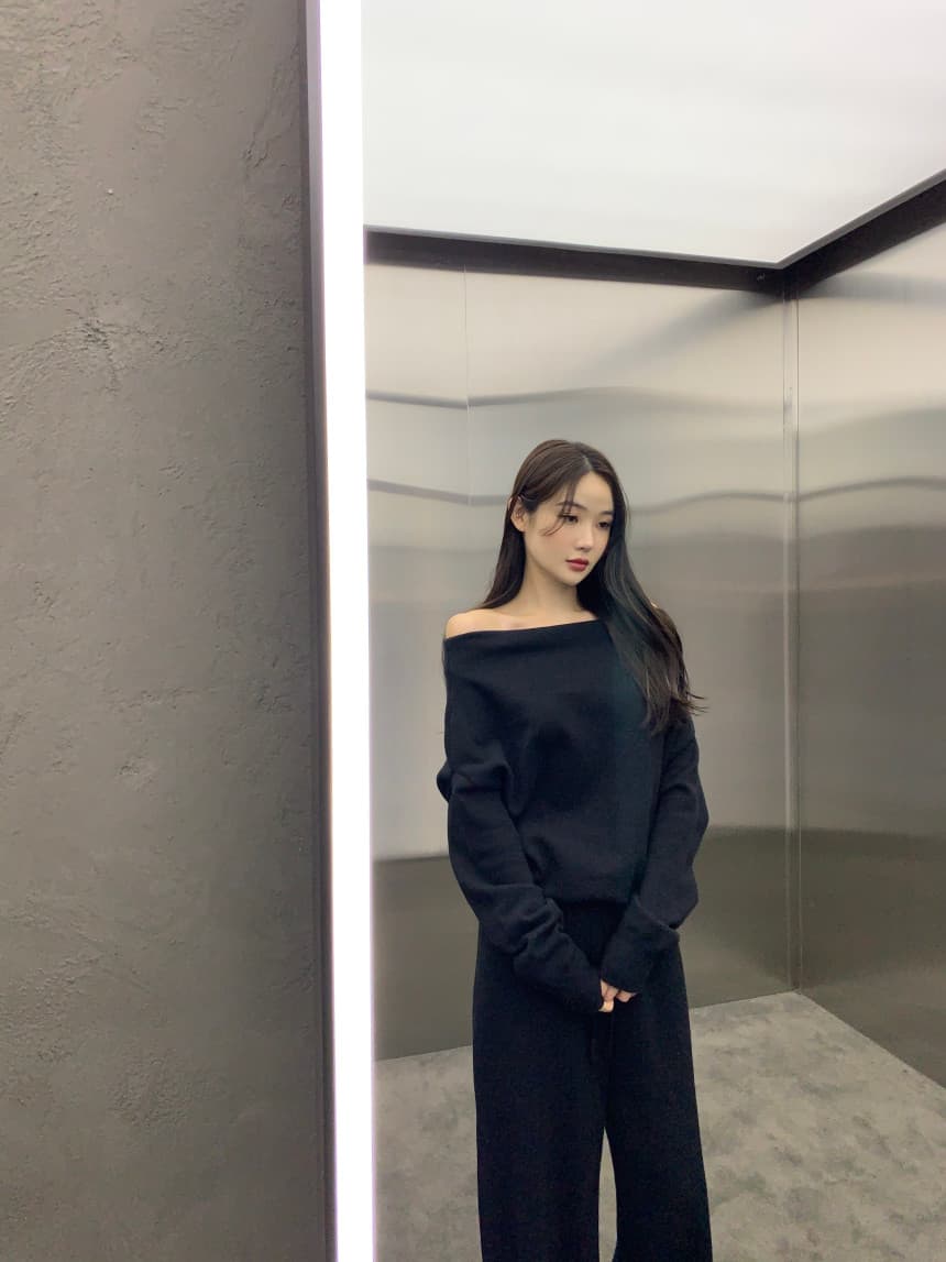 있음 선적 사이즈 업데이트 한국 chic 프랑스식 보트넥 오프숄더 긴팔 스웨터 니트 와이드 레그 팬츠 세트 상세 이미지 43