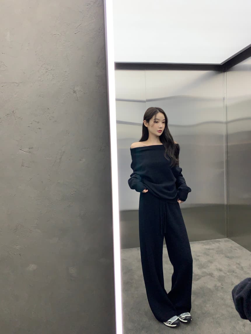 있음 선적 사이즈 업데이트 한국 chic 프랑스식 보트넥 오프숄더 긴팔 스웨터 니트 와이드 레그 팬츠 세트 상세 이미지 44