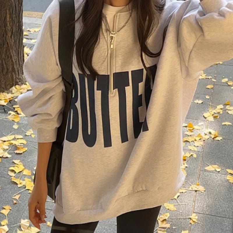 있음 선적 사이즈 업데이트 chic 가을 겨울 한 부서 스탠드 칼라 지퍼 루즈핏 알파벳 프린트 털이 있는 보온 후드티 이미지 5