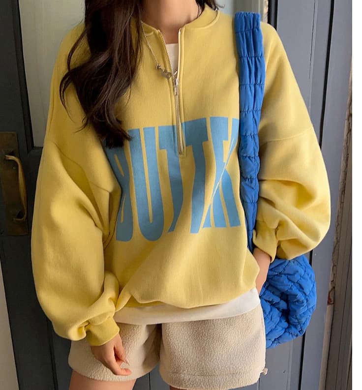 있음 선적 사이즈 업데이트 chic 가을 겨울 한 부서 스탠드 칼라 지퍼 루즈핏 알파벳 프린트 털이 있는 보온 후드티 상세 이미지 8