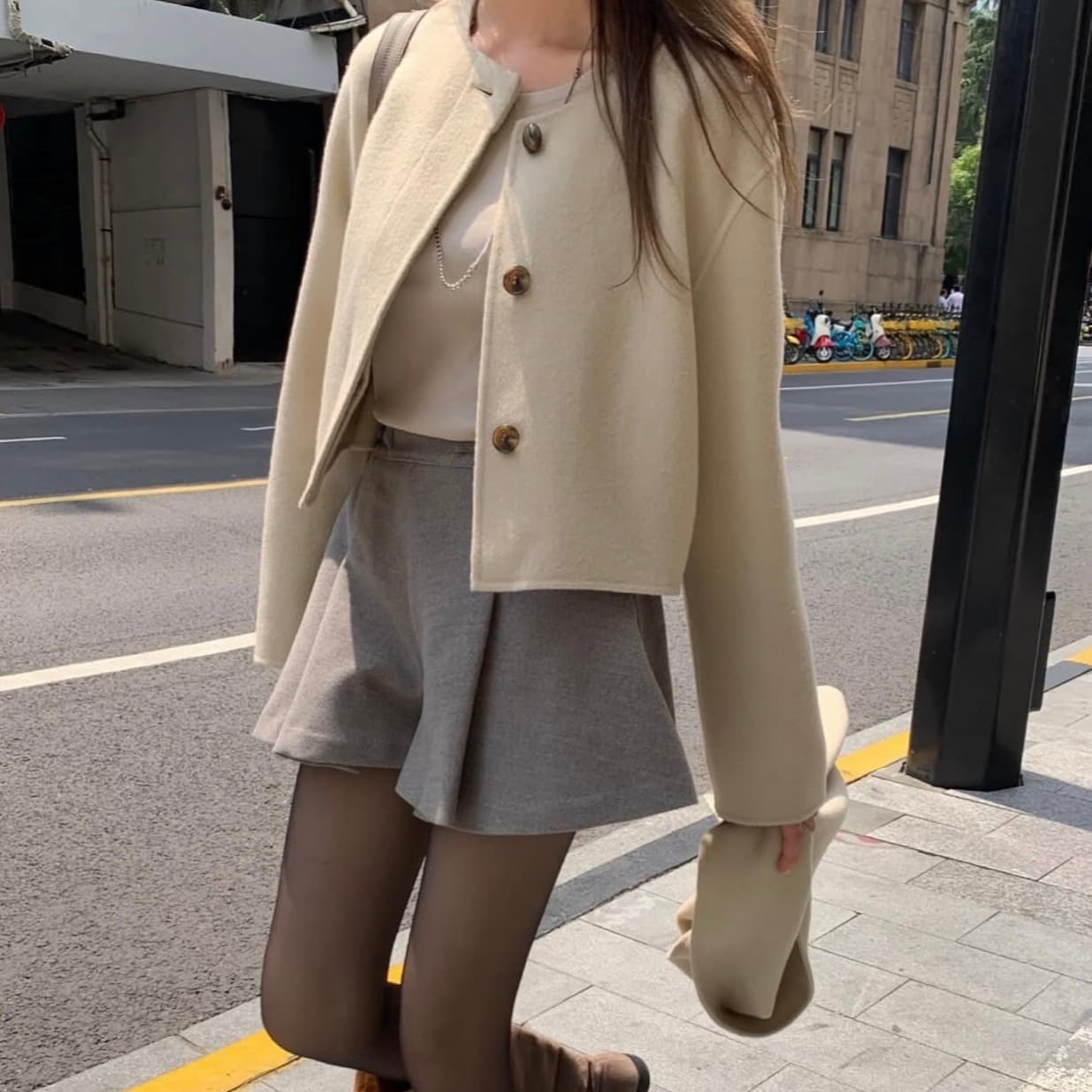 있음 선적 사이즈 업데이트 한국 chic 가을 겨울 새로운 한 부서 스카프 라운드 넥 단추 품격 모직 짧은 외투 이미지 4