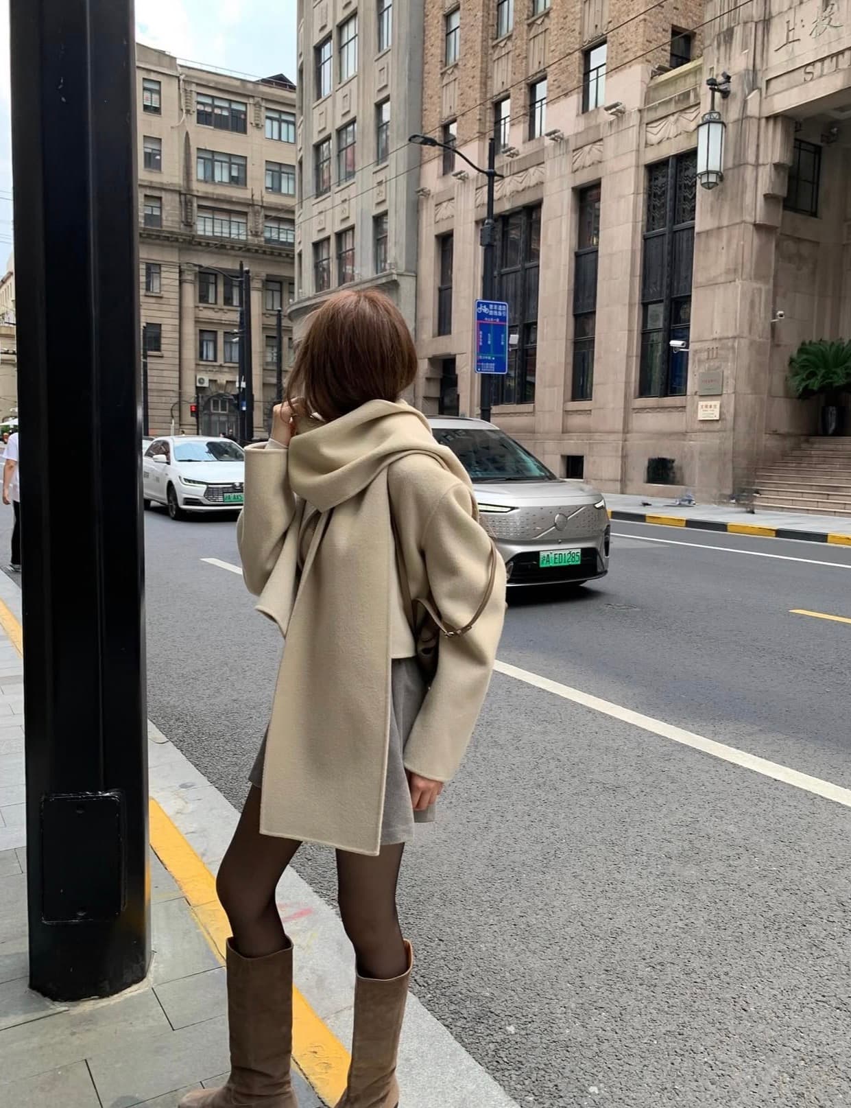 있음 선적 사이즈 업데이트 한국 chic 가을 겨울 새로운 한 부서 스카프 라운드 넥 단추 품격 모직 짧은 외투 상세 이미지 1