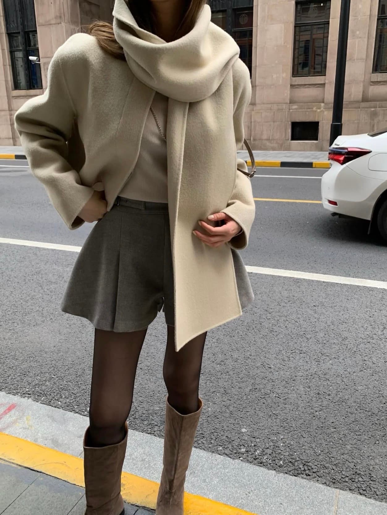 있음 선적 사이즈 업데이트 한국 chic 가을 겨울 새로운 한 부서 스카프 라운드 넥 단추 품격 모직 짧은 외투 상세 이미지 2
