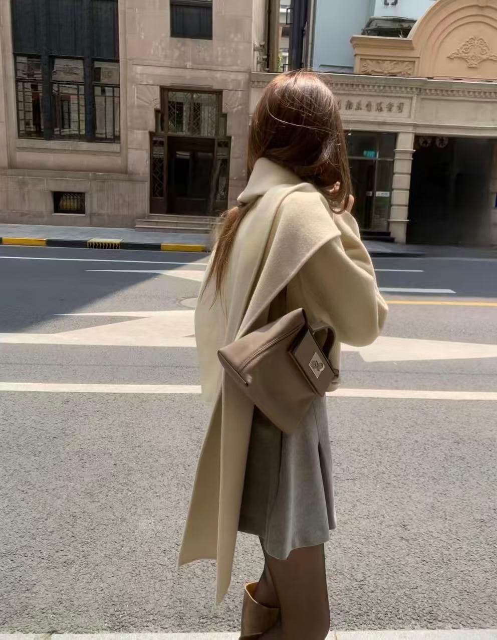 있음 선적 사이즈 업데이트 한국 chic 가을 겨울 새로운 한 부서 스카프 라운드 넥 단추 품격 모직 짧은 외투 상세 이미지 5