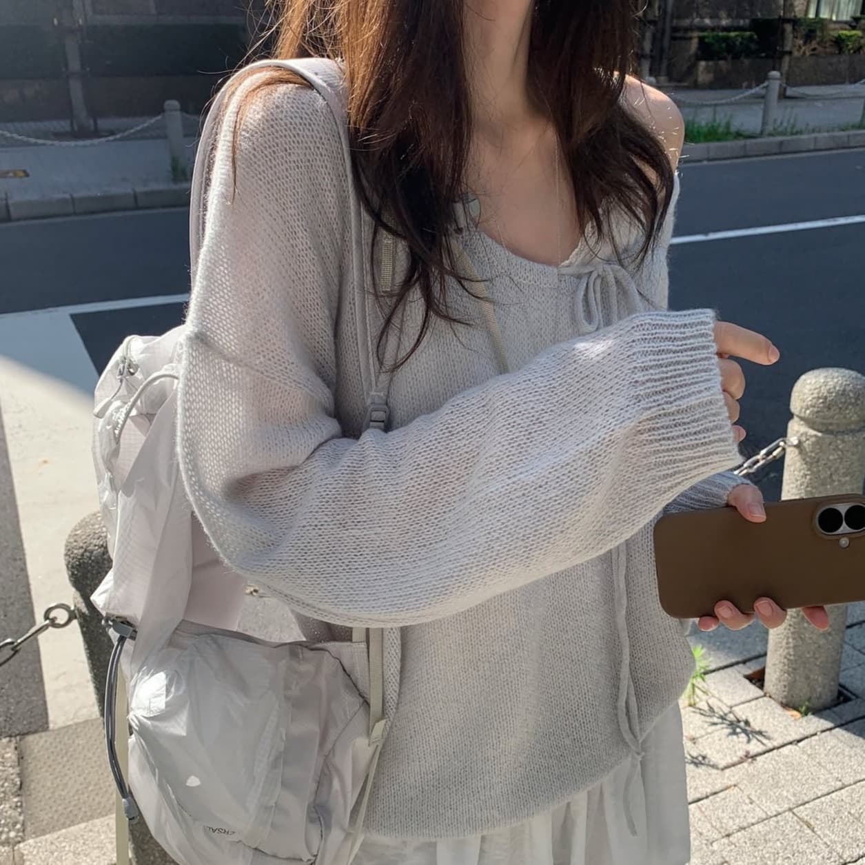 있음 선적 사이즈 업데이트 한국 chic 가을 겨울 새로운 부드러운 바람 레이스업 칼라 단색 느슨함 센스 니트 스웨터 이미지 5
