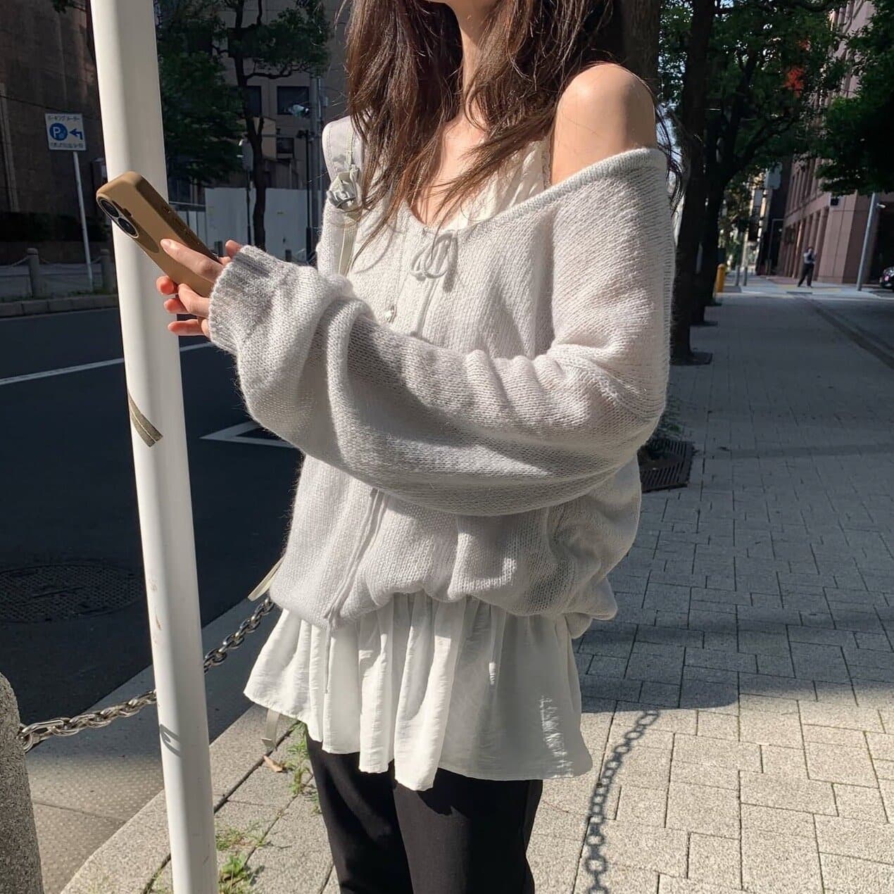 있음 선적 사이즈 업데이트 한국 chic 가을 겨울 새로운 부드러운 바람 레이스업 칼라 단색 느슨함 센스 니트 스웨터