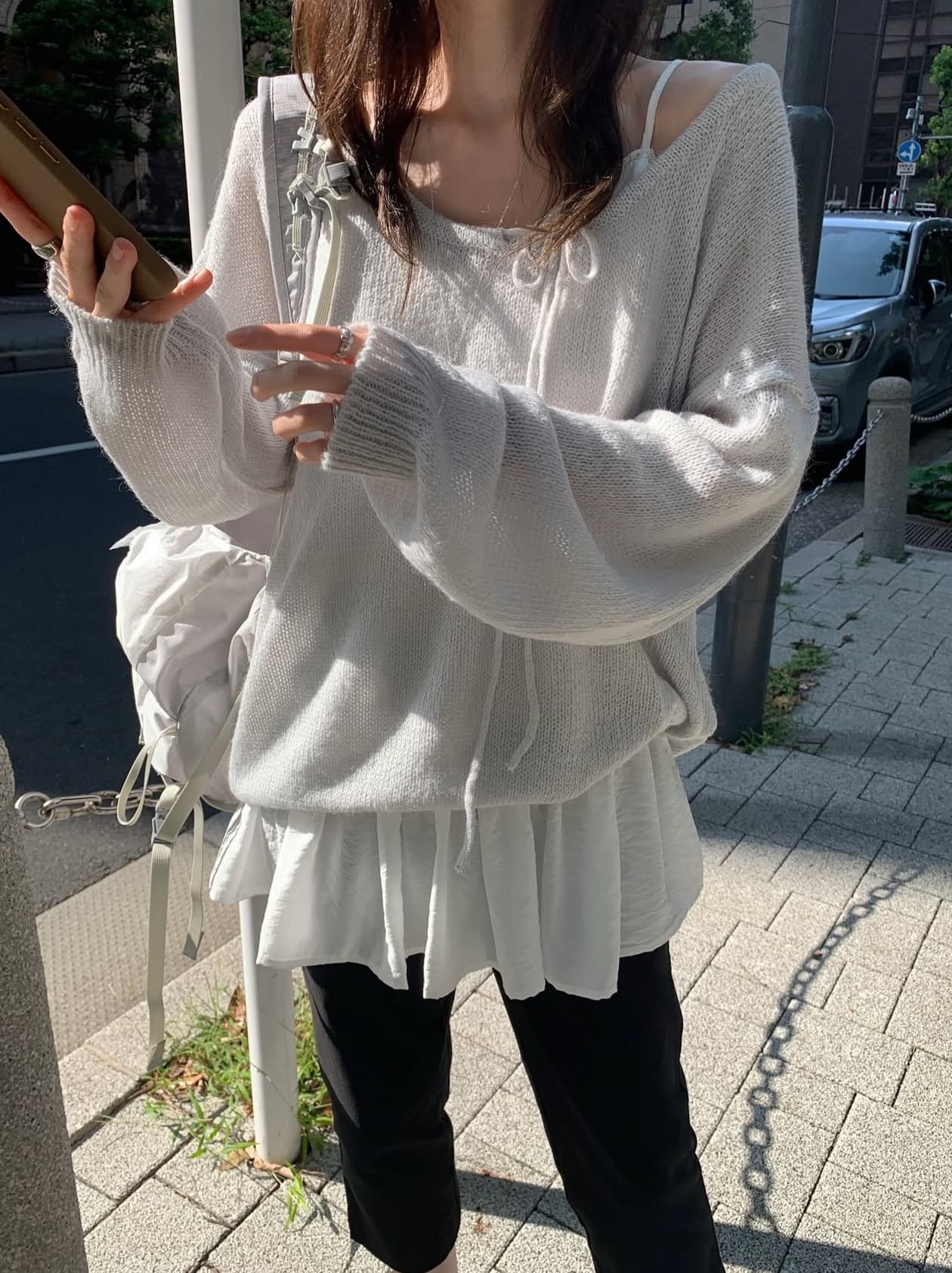 있음 선적 사이즈 업데이트 한국 chic 가을 겨울 새로운 부드러운 바람 레이스업 칼라 단색 느슨함 센스 니트 스웨터 상세 이미지 2