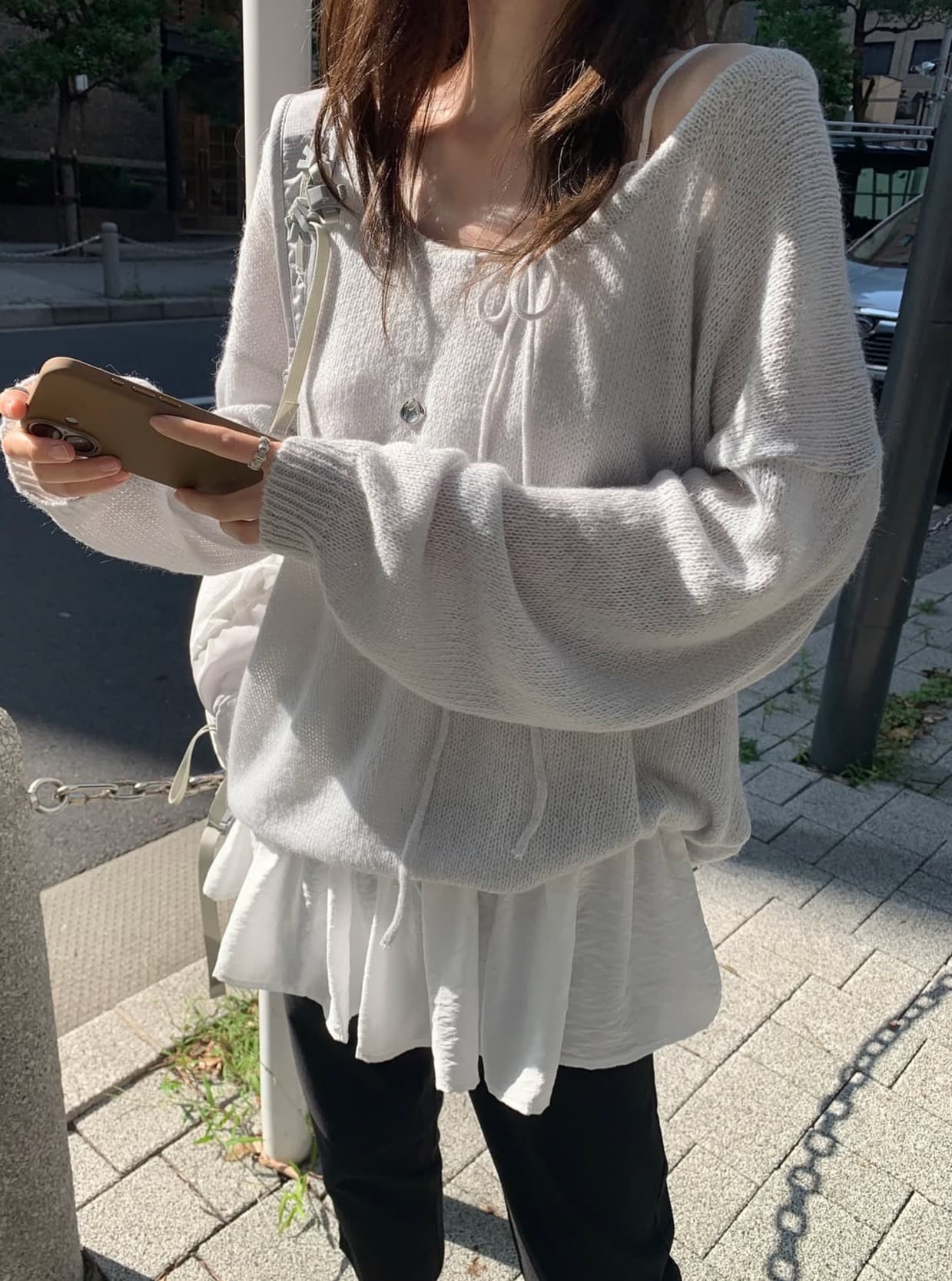 있음 선적 사이즈 업데이트 한국 chic 가을 겨울 새로운 부드러운 바람 레이스업 칼라 단색 느슨함 센스 니트 스웨터 상세 이미지 5
