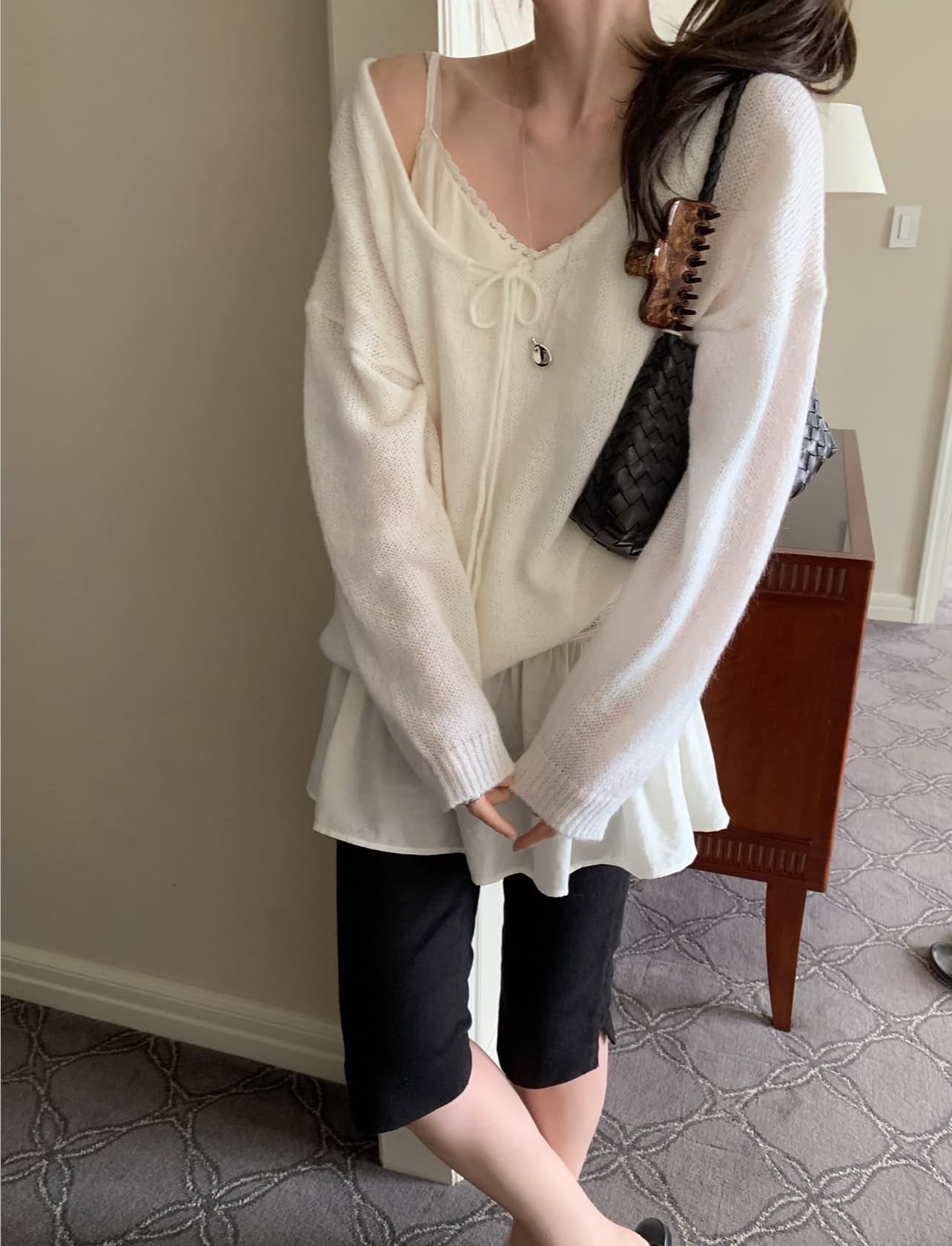 있음 선적 사이즈 업데이트 한국 chic 가을 겨울 새로운 부드러운 바람 레이스업 칼라 단색 느슨함 센스 니트 스웨터 상세 이미지 9