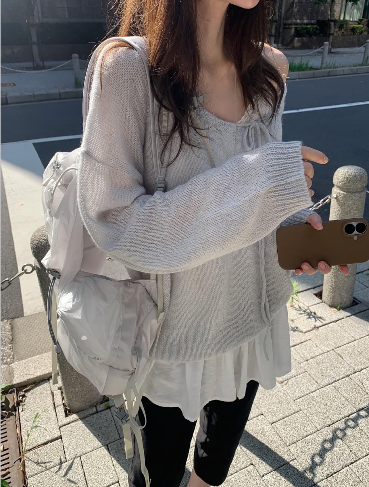 있음 선적 사이즈 업데이트 한국 chic 가을 겨울 새로운 부드러운 바람 레이스업 칼라 단색 느슨함 센스 니트 스웨터 상세 이미지 16