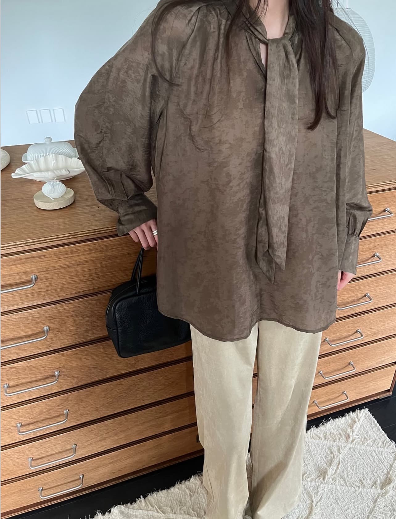 한국 chic 가을 겨울 새로운 한 부서 품격 리본 칼라 루즈핏 다용도 셔츠 이미지 4