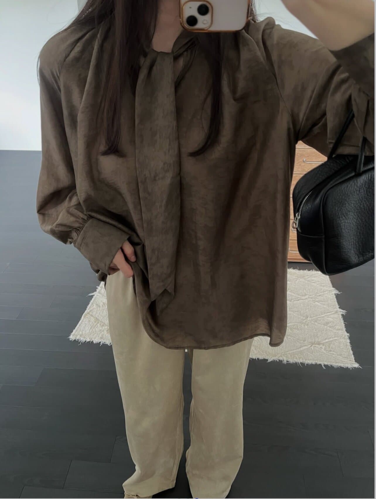 한국 chic 가을 겨울 새로운 한 부서 품격 리본 칼라 루즈핏 다용도 셔츠 상세 이미지 5