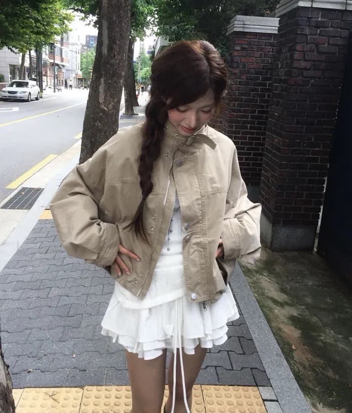 한국 chic 가을 겨울 새로운 레트로 스탠드 칼라 워크웨어 짧은 외투 상세 이미지 5