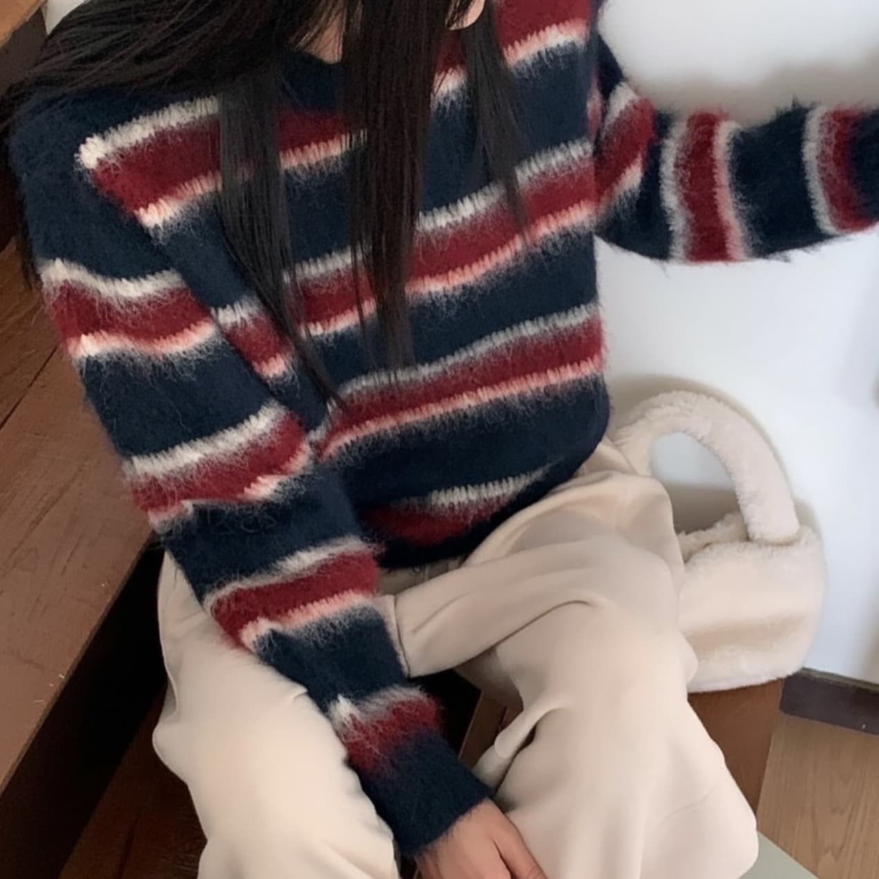 있음 선적 사이즈 업데이트 한국 chic 가을 겨울 한 부서 라운드 넥 스트라이프 품격 다용도 긴팔 털 의류 이미지 5