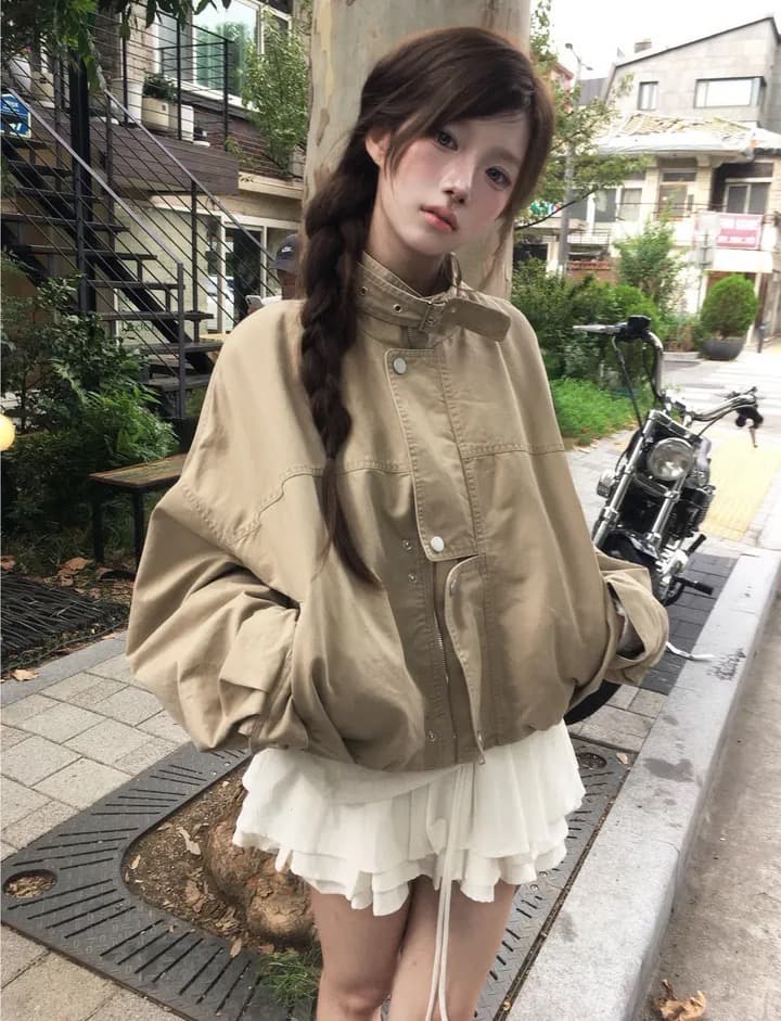 한국 chic 가을 겨울 새로운 레트로 스탠드 칼라 버튼 워크웨어 짧은 외투 상세 이미지 1