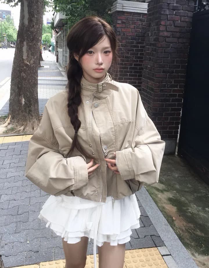 한국 chic 가을 겨울 새로운 레트로 스탠드 칼라 버튼 워크웨어 짧은 외투 상세 이미지 3
