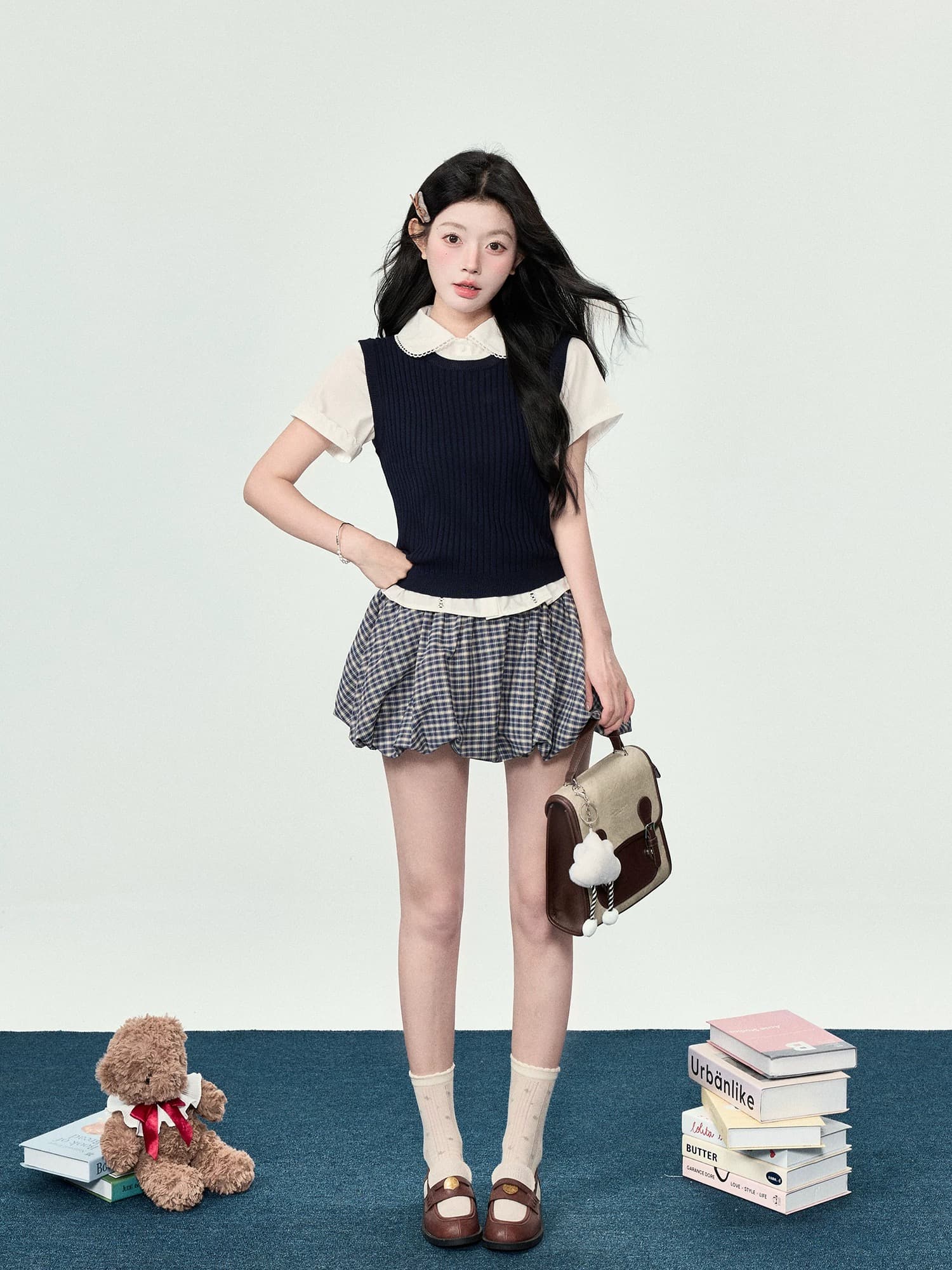 어리석은 ~보다 달콤한 sweety miu 부서 학원 스타일 세트 여성 여름 작은 키 polo 셔츠 베스트 미니 스커트 3종 세트 이미지 2