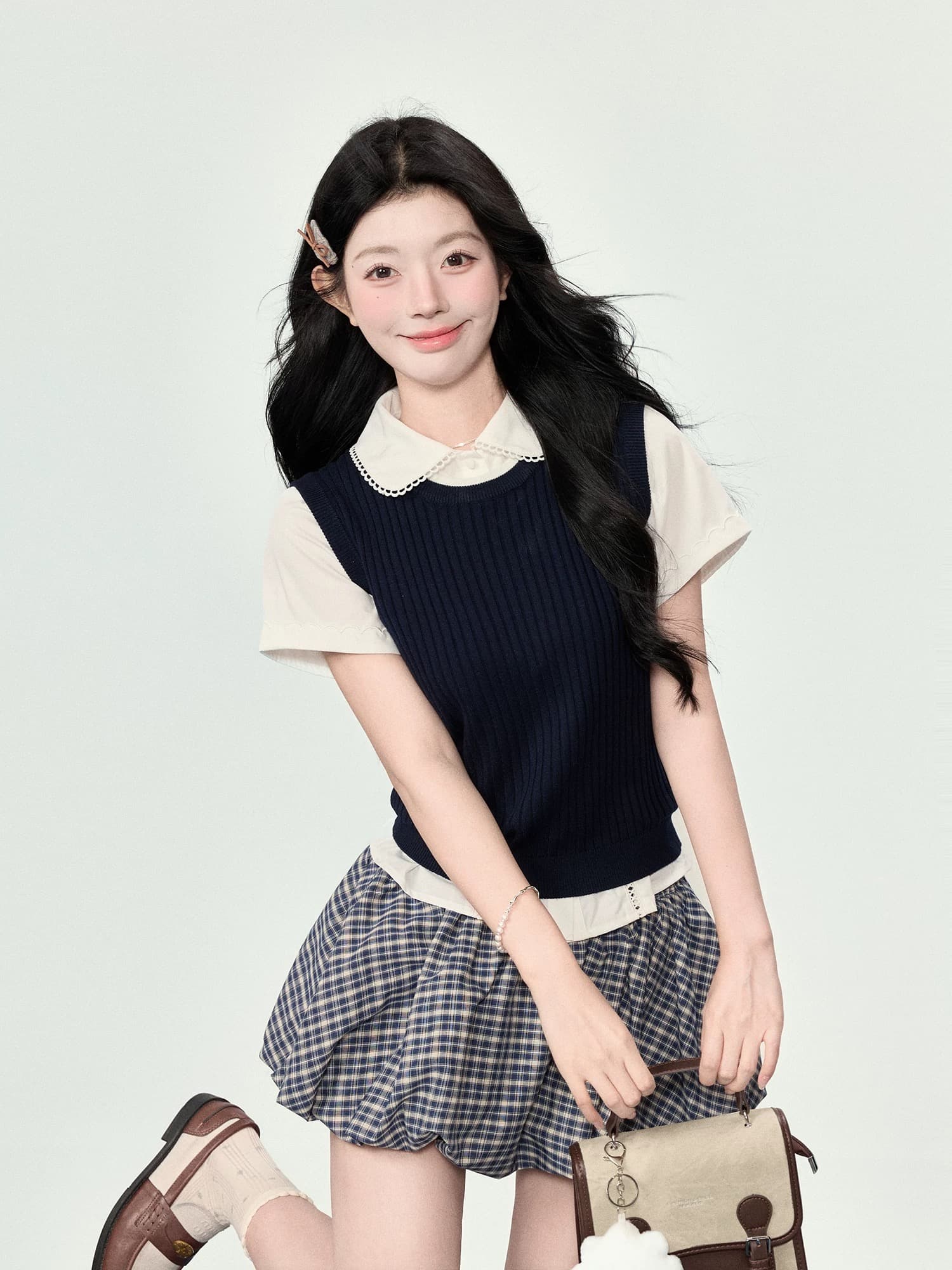 어리석은 ~보다 달콤한 sweety miu 부서 학원 스타일 세트 여성 여름 작은 키 polo 셔츠 베스트 미니 스커트 3종 세트 이미지 3