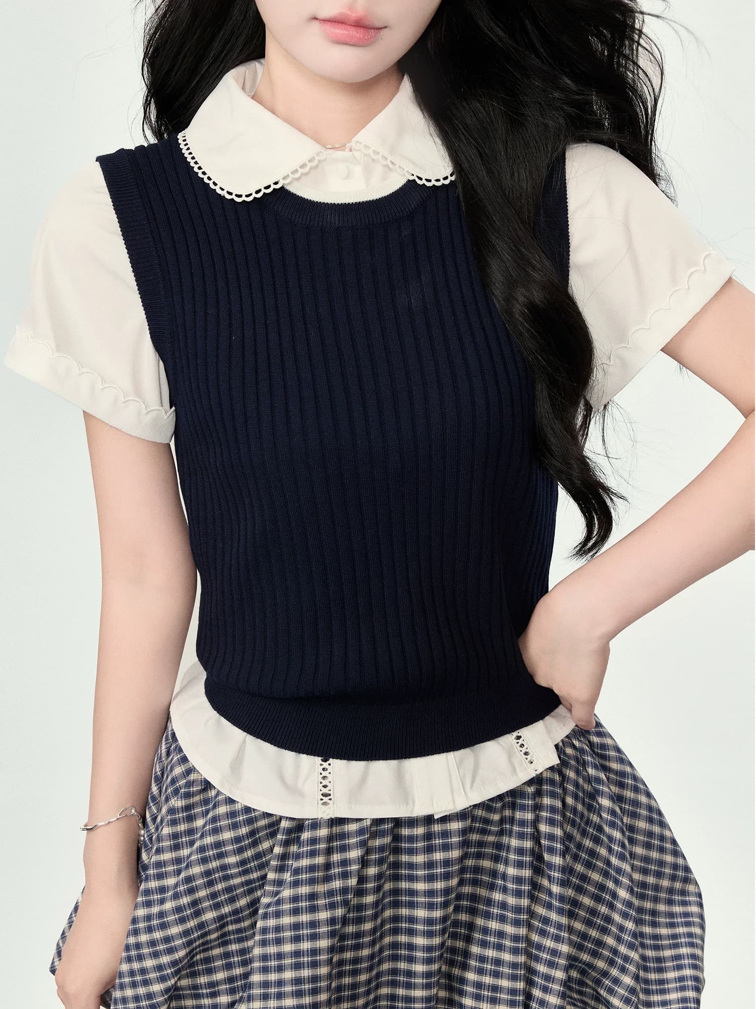 어리석은 ~보다 달콤한 sweety miu 부서 학원 스타일 세트 여성 여름 작은 키 polo 셔츠 베스트 미니 스커트 3종 세트 상세 이미지 3