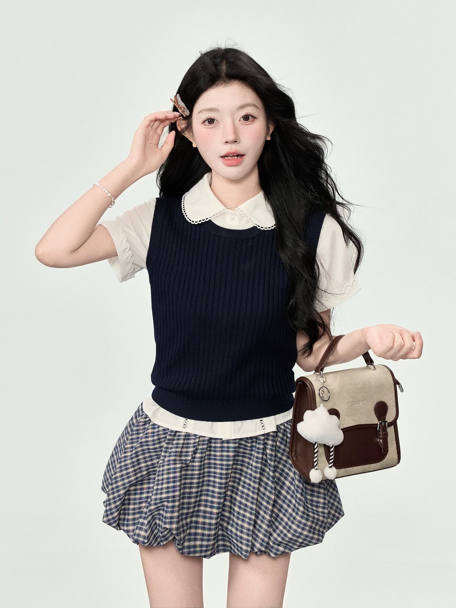 어리석은 ~보다 달콤한 sweety miu 부서 학원 스타일 세트 여성 여름 작은 키 polo 셔츠 베스트 미니 스커트 3종 세트 상세 이미지 4